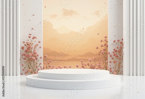 Elegant White Podium with Pink Flowers and Scenic Backdrop for Product Display