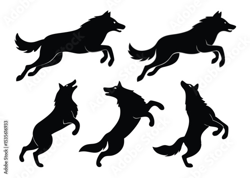 Vector illustration of a pack of black silhouetted wolves in dynamic poses on white background