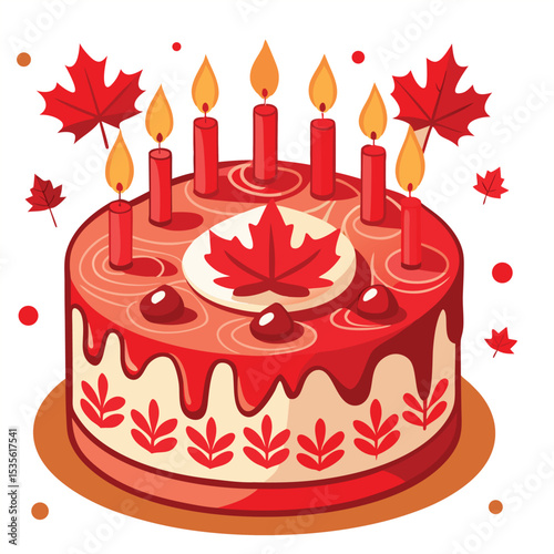 Canadian maple leaf cake with candles isolated on white background
