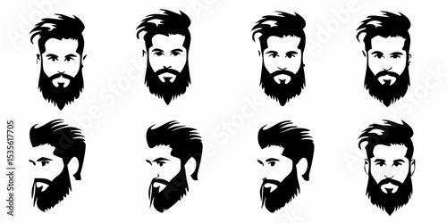 Illustrations of men with beards and stylized hair in black and white vector format image file created with generated ai