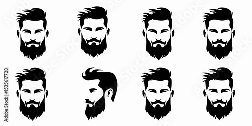 Collection of eight black and white stylized bearded men with different hairstyles and beard styles created with generated ai