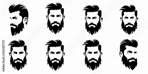 Collection of eight different black and white beard styles and haircuts for men on a white background created with generated ai