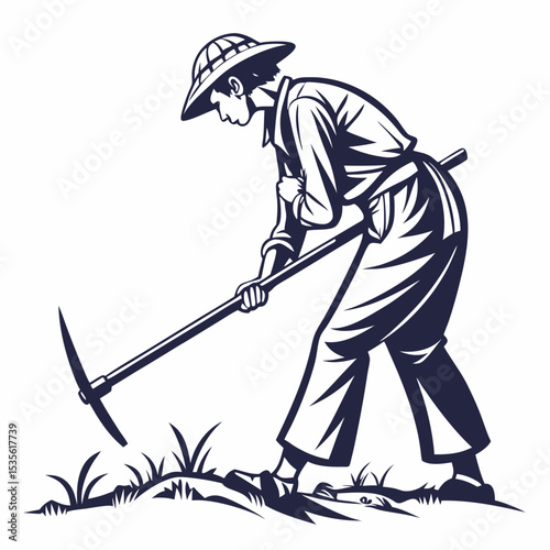Illustration of a farmer wearing a hat working in the field with a pickaxe in a black and white style created with generated ai