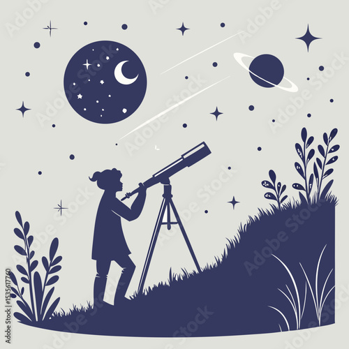 Silhouette of a girl looking through a telescope at the moon stars and planets in the night sky scene created with generated ai