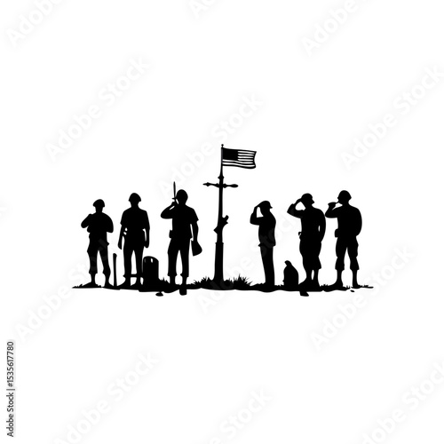 Silhouette of soldiers saluting near a cross with an american flag waving in the wind on a white background created with generated ai