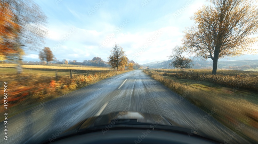 Fototapeta premium Driving on a rural road surrounded by autumn trees in motion blur landscape