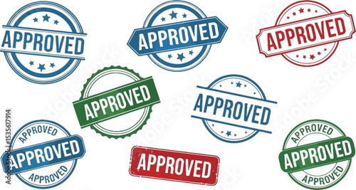 A collection of eight approved stamps in various colors and shapes on a white background surface view