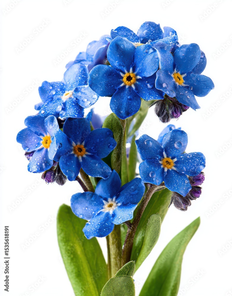 Fototapeta premium Premium image of vibrant blue forget-me-nots, a classic spring flower with star-shaped centers and green leaves on a white background, symbolizing the warmth of the season and.
