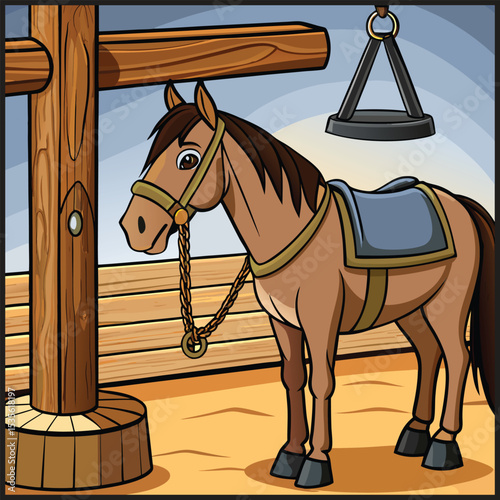 Cartoon Brown Horse Tied to Wooden Post Inside a Stable Illustration