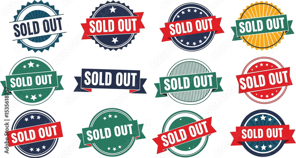 A collection of twelve sold out stamps with different designs and color schemes on a white background A collection of twelve sold out stamps with different designs and color schemes on a white background