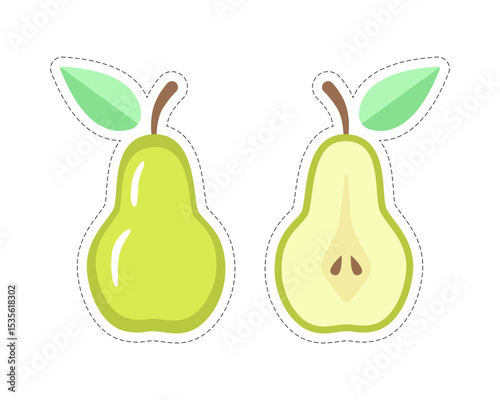 Two cartoon pears stickers with contour isolated on white background.