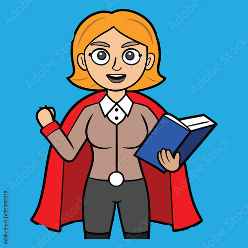 Cartoon Female Teacher with Cape Holding Book on Light Blue Background Illustration