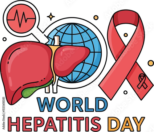 World hepatitis day illustration featuring liver, ribbon, world globe and medical examination icon design
