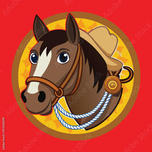 Cartoon Horse Head with Cowboy Hat and Bridle, Colorful Vector Illustration