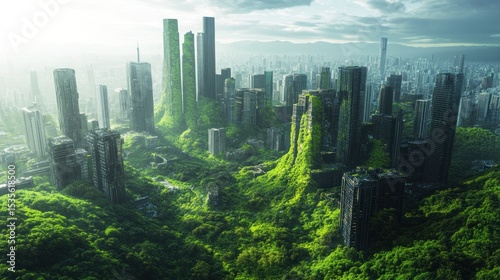 Futuristic cityscape covered in greenery, symbolizing nature reclaiming urban spaces