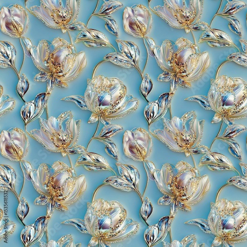 seamless floral pattern 3d flower pattern light blue gold seamless fabric pattern textile background fashion