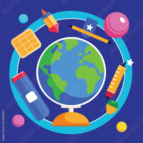 Colorful Cartoon School Supplies Globe Illustration for Education and Learning Resources