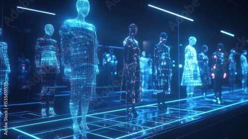Futuristic fashion show with digital mannequins displaying virtual clothing collection