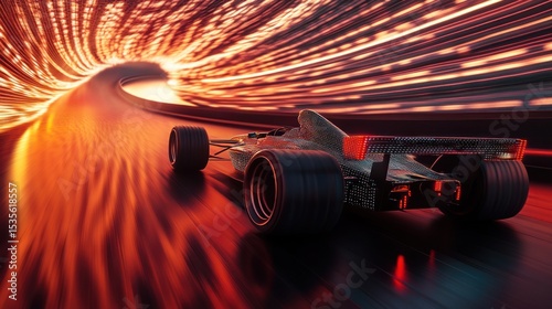 Futuristic formula car speeding through a light tunnel with motion blur effect