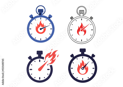 Stopwatch with fire-shaped dial, symbolizing discipline and intensity in a minimal design with soft bold palette on transparent background