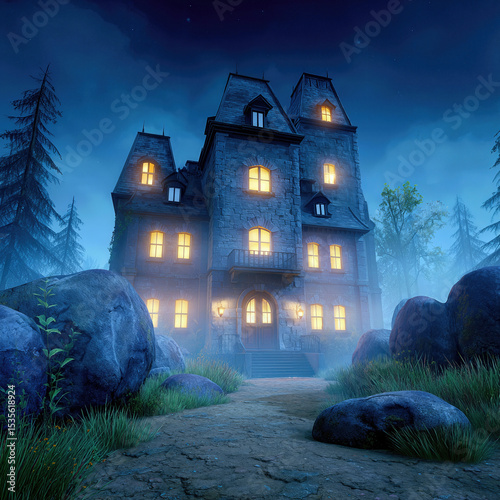 Eerie illuminated mansion surrounded by dark woods at night