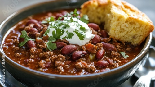 Hearty chili with cornbread, topped with sour cream and fresh parsley garnish
