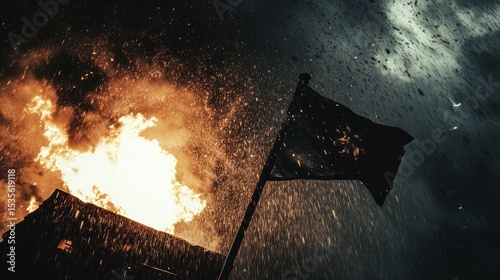 Intense depiction of a burning structure alongside a raised flag in a dark, stormy setting