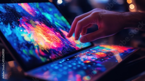 Interactive technology with colorful display, modern dual-screen laptop for creative work