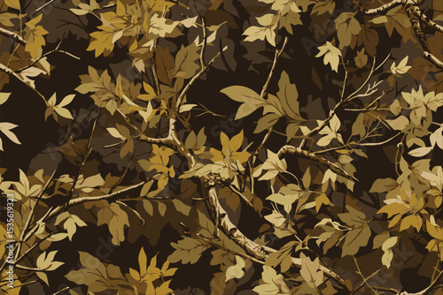 Vector camouflage design. Seamless pattern. Hunting camouflage. Forest background. Jungle texture. Digital camouflage. Abstract. Real tree hunting camouflage pattern. Tree, leaves and stems texture