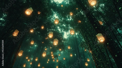 Magical forest illuminated by sky lanterns floating upward into a dreamy atmosphere