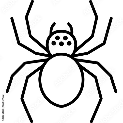 Black and white outline icon of a spider in minimal style