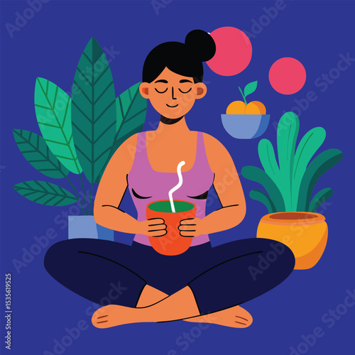 Relaxing Woman Meditating with Hot Tea Surrounded by Plants Illustration for Mindfulness