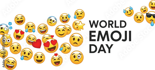 A collection of various emoji faces with world emoji day text on a white background celebration