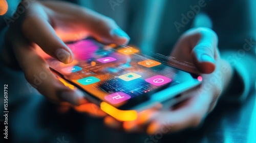 Mobile Technology: Hands Holding a Smartphone Displaying App Icons and Futuristic Interface