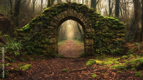 Mysterious Stone Archway Covered in Moss Leading into a Forest Path Scene