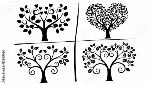 Set of vector trees with nature art illustration and floral branch decoration