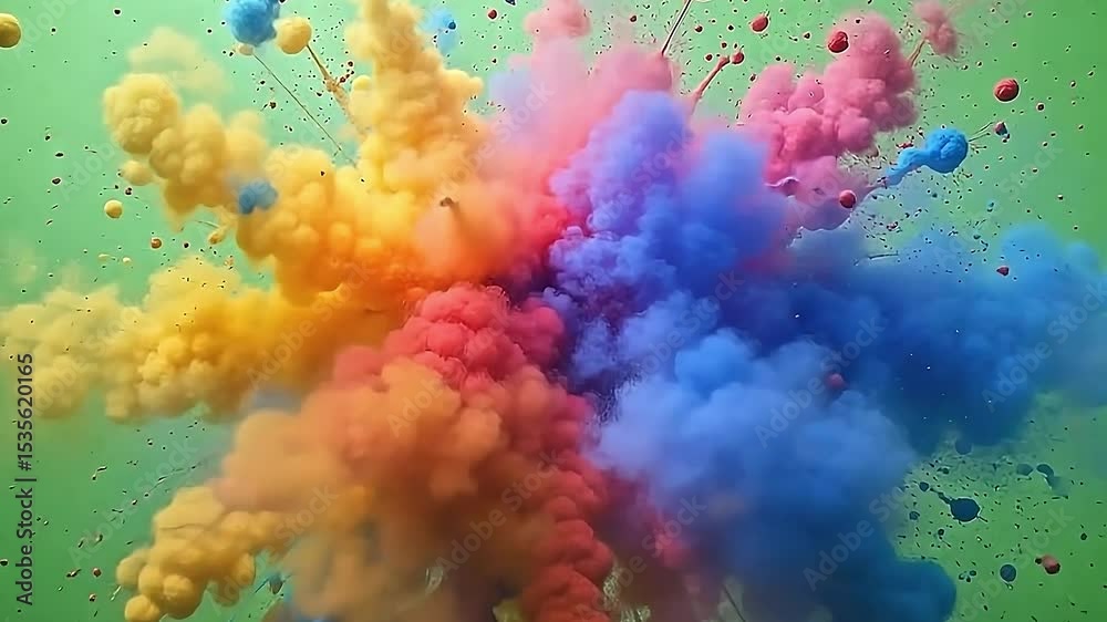 On a smooth green background, the explode colorful dust surface spreads in vibrant bursts, sending pigments flying energetically in a colorful and dynamic display.