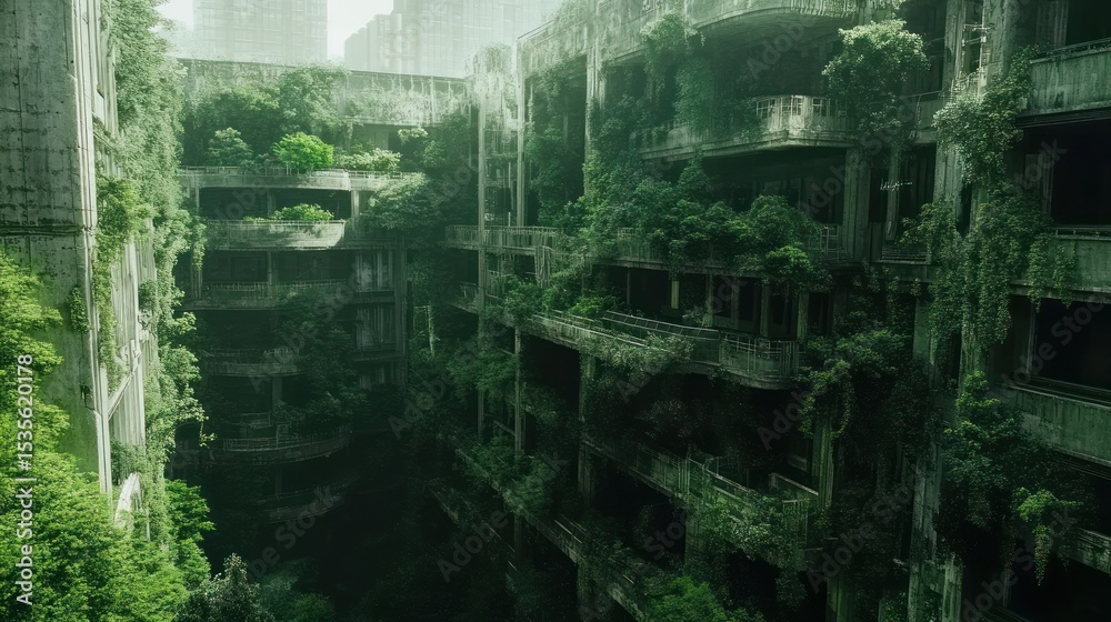 Fototapeta premium Overgrown ruins of an abandoned city, a testament to nature's reclaim of the urban landscape