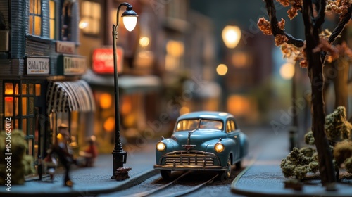 Nostalgic Miniature Cityscape with Vintage Car and Warm Street Lighting Ambiance