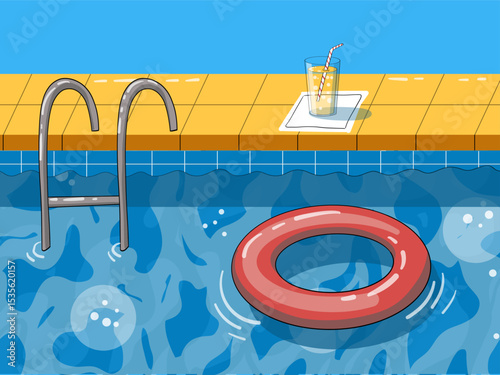 Poolside relaxation: swimming pool, water texture, swimming ring, refreshing summer drink, vibrant hand-drawn illustration. For concepts summer or pool party, vacation, water leisure, swimming