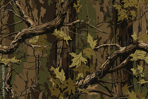 Vector hunting camouflage seamless pattern design. Camouflage background. Deer hunting, forest, jungle texture. Realistic tree seamless pattern. Digital camouflage.