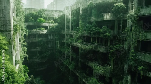 Overgrown ruins of an abandoned city, a testament to nature's reclaim of the urban landscape