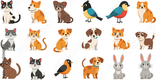 Cartoon animals including cats dogs birds and rabbits arranged on a white background illustration