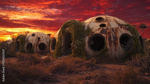 Post Apocalyptic Domes with Overgrown Vegetation Under a Dramatic Red Sky at Sunset