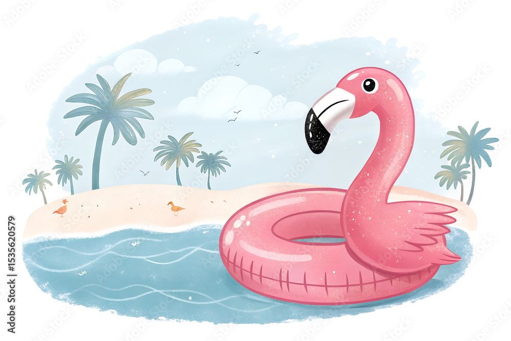 Obraz premium Summer pink vacation beach with flamingo inflatable PNG Image