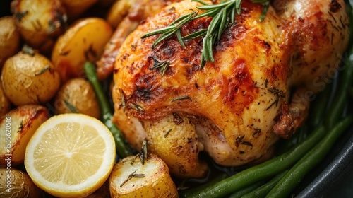 Roasted chicken with potatoes, green beans, and lemon for a delicious meal