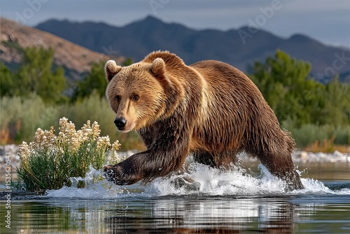 Grizzly bear catching fish high resolution picture