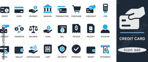 Solid  credit card icon set. Featuring payment, banking, finance, transaction, and security symbols. Ideal for business and UI design projects.