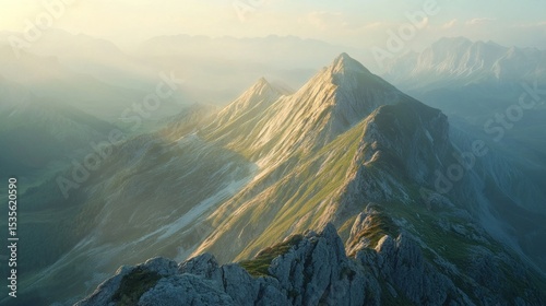 Scenic aerial view of majestic mountain range bathed in soft, golden sunlight
