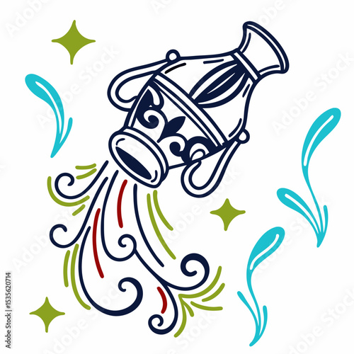 Aquarius Zodiac Sign Illustration: Water Pouring from Jar